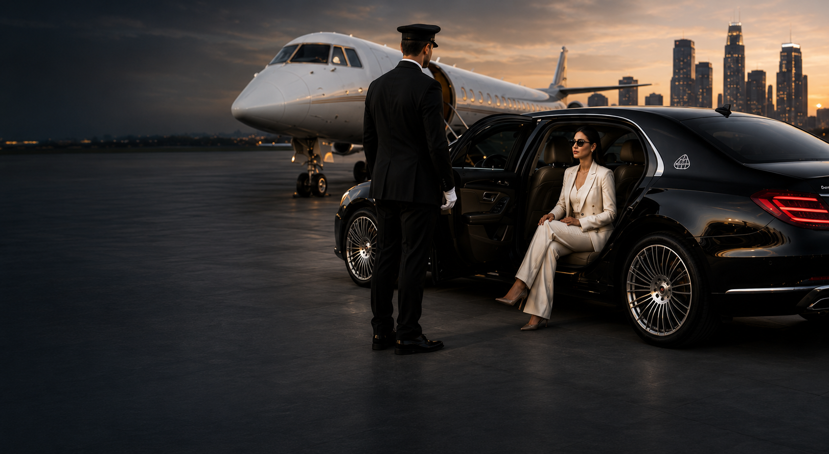 Private jet and luxury limousine at sunset